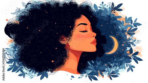 Girl in the night. Dreamy female cartoon vector concepts.