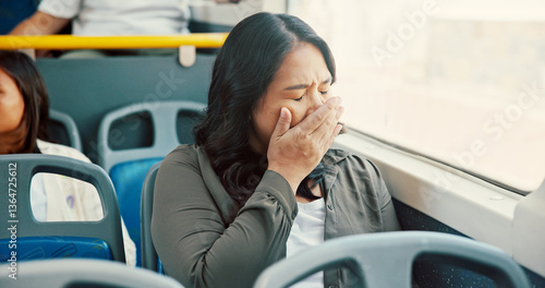 Photos Bus, tired and woman with rest, travel and yawning with public transportation, sleepy and burnout