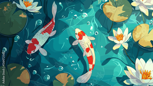 Gold fishes with water lilies in the pond. Japanese colorful koi fish swimming in a pond.