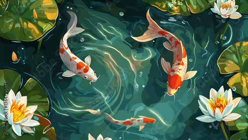 Gold fishes with water lilies in the pond. Japanese colorful koi fish swimming in a pond.