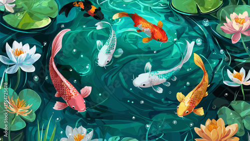 Gold fishes with water lilies in the pond. Japanese colorful koi fish swimming in a pond.