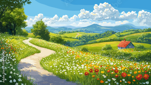 Landscape with flowers and mountains. Field with flowers. Rural scene.