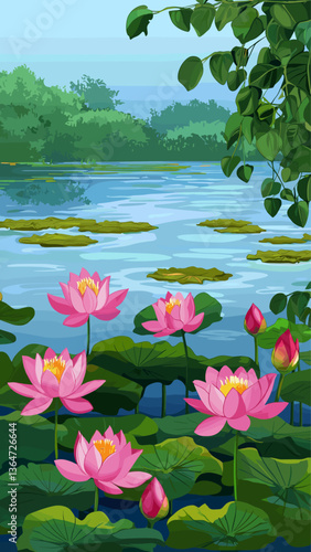 Water lily pond landscape. Blooming lotus flowers. Pink water lilies.