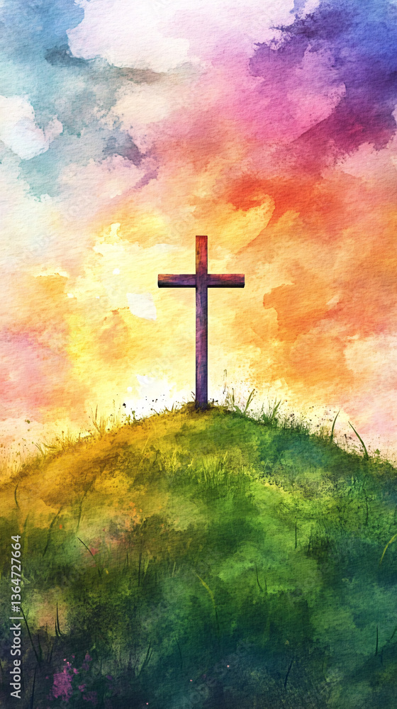 Obraz premium cross on a hill silhouette, abstract religious landscape painting with sunset and clouds, faith and spirituality symbol in nature, christian art in painterly style