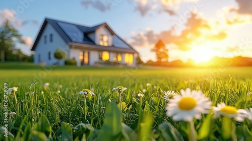 Charming countryside cottage nestled amidst a lush green meadow with a colorful array of blooming daisies and vibrant sunset sky in the background