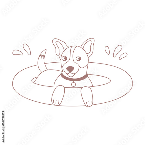 A happy dog bathes in a small inflatable pool. Vector illustration isolated on a white background.
