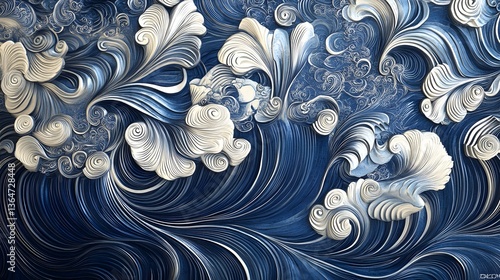 Delicate floral pattern on deep blue fabric, intricate white flowers intertwined with elegant designs, perfect for textile design.