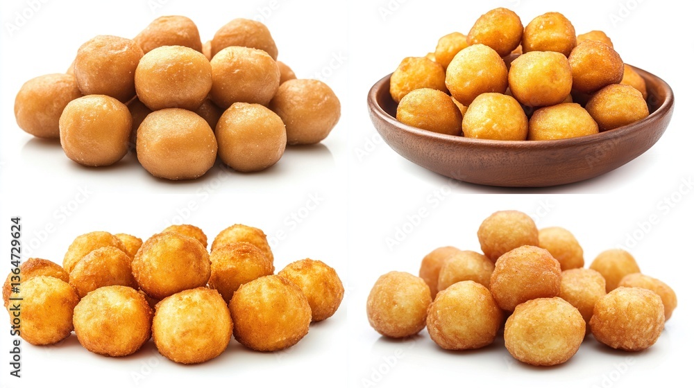 Four views of golden-brown, round, fried dough balls. Four views of golden-brown, round, fried dough balls.