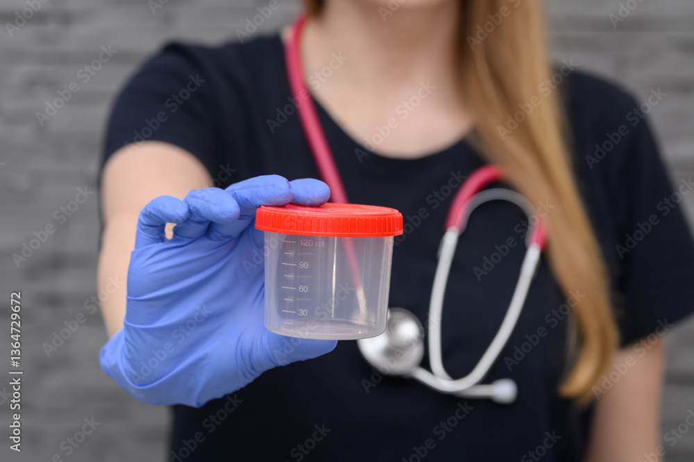 Doktorka trzyma pusty plastikowy pojemnik na próbkę do analizy w laboratorium Doktorka trzyma pusty plastikowy pojemnik na próbkę do analizy w laboratorium