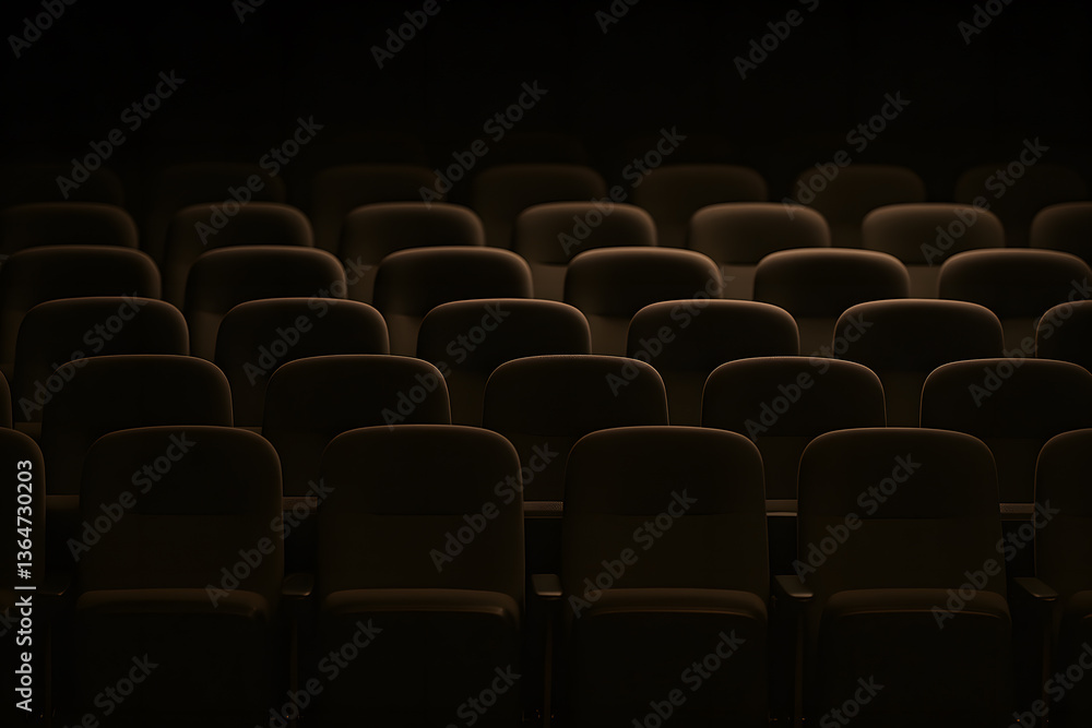 Obraz premium Dark empty cinema hall with soft ambient light over rows of theater seats creating moody cinematic atmosphere before film screening or movie premiere starts