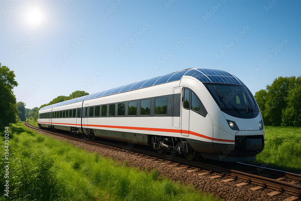 Modern high-speed train with solar panels on the roof riding through green landscape on a sunny day showcasing sustainable transportation innovation Modern high-speed train with solar panels on the roof riding through green landscape on a sunny day showcasing sustainable transportation innovation