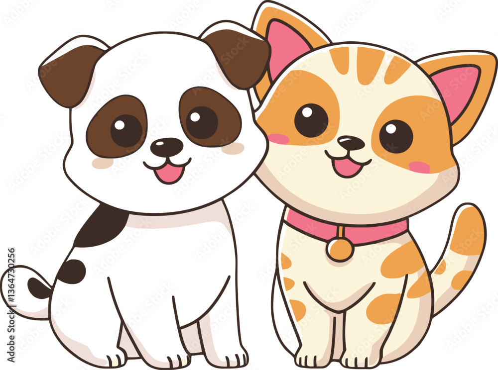 Naklejka premium Cuddly Puppy and Kitten Friends Vector Illustration 
