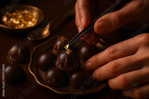 Luxury artisan chocolate bonbons being decorated with edible gold leaf by hand using tweezers, detailed city skyline design on dark chocolate in warm lighting