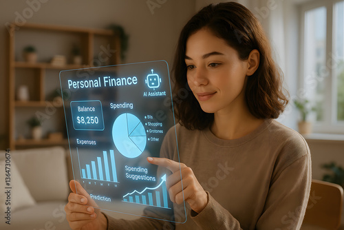 Woman using futuristic finance interface with AI assistant to track expenses, analyze spending, and monitor personal balance in a smart home setting