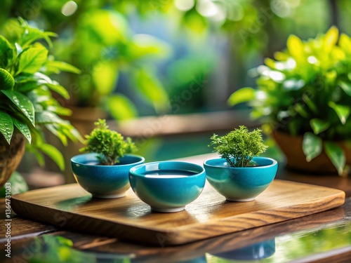 Wallpaper Mural Miniature Tilt-Shift Photo: Green Liquid Bowls & Plant on Blue Table Torontodigital.ca