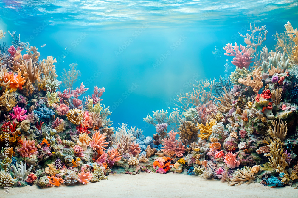 Obraz premium Vibrant underwater coral reef scene with colorful corals and marine life in clear blue tropical ocean water