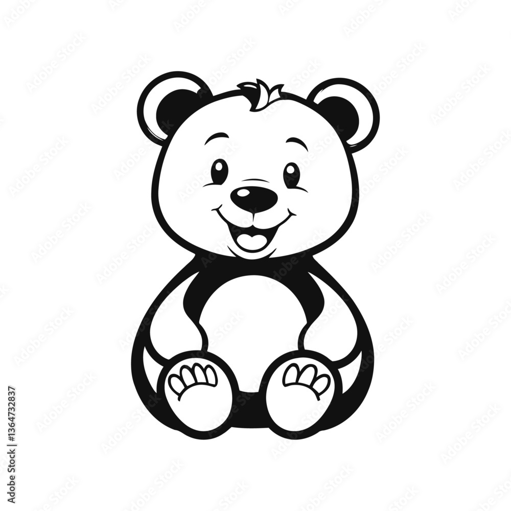 A sleek black and white vector illustration of a baby bear walking forward with a warm and welcoming smile on a white background A sleek black and white vector illustration of a baby bear walking forward with a warm and welcoming smile on a white background