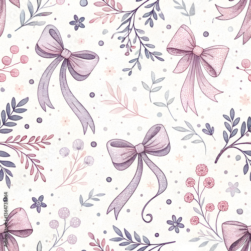 Seamless Hand-Drawn Pattern of Tiny Bows and Ribbons. Perfect for: Gift wrapping, wedding designs, girly-themed projects