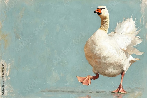 A whimsical illustration of a walking goose against a textured blue background.