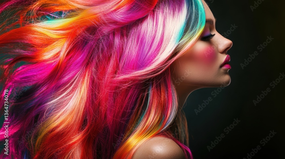Naklejka premium Rainbow Hair: A captivating image showcasing a woman with vibrant, multi-colored hair. The cascading waves of color create a stunning visual effect against a dark background.