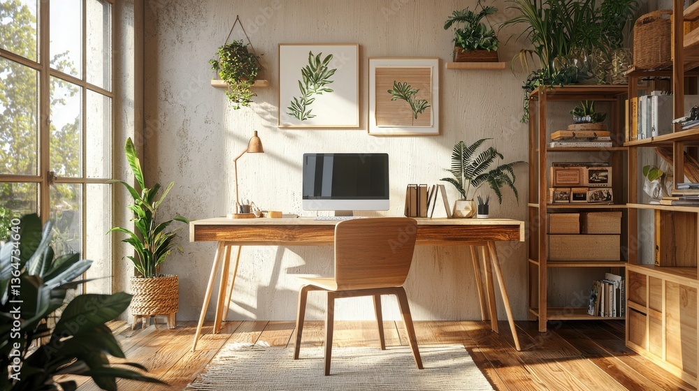 Fototapeta premium A bright and airy home office features a wooden desk chair computer plants bookshelves and natural light streaming through a large window creating a calm and productive workspace.