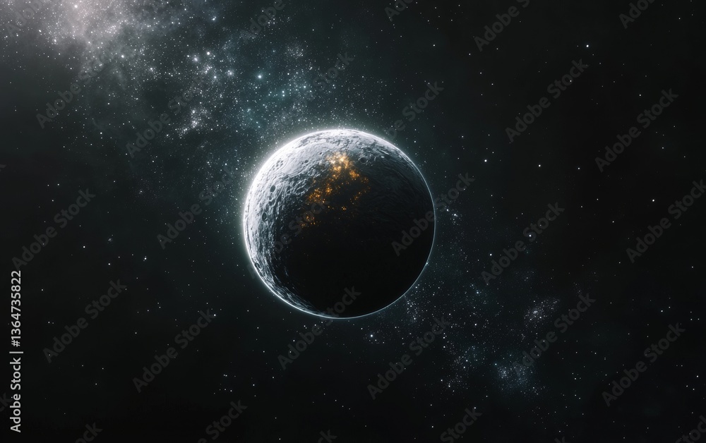 Obraz premium Vivid depiction of an alien planet immersed in a colorful cosmic environment, showcasing a blend of light and dark tones