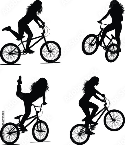 set of silhouettes of bmx biker, cyclists with different position, gesture, pose. extreme sport, bicycle, vehicle concept.