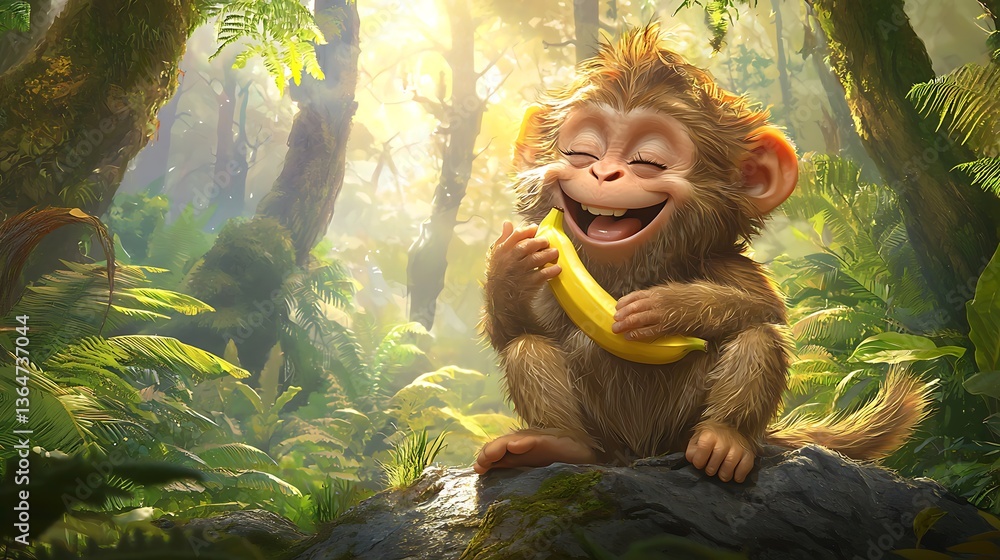 Fototapeta premium A cheerful monkey enjoying a banana in a lush jungle