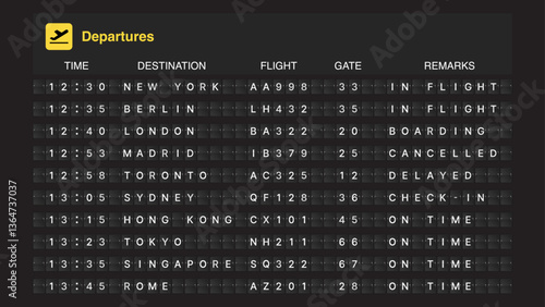 Airport Flight Information Board: Departures, Destination, Flight, Time, Gate, Remarks and Boarding Status (Inflight, Cancelled, Delayed, Check-In, On Time)