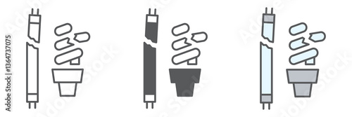 Fluorescent lamp waste icon collection, recycle and ecology, lamp waste vector icon set, vector graphics, editable stroke outline sign, eps 10