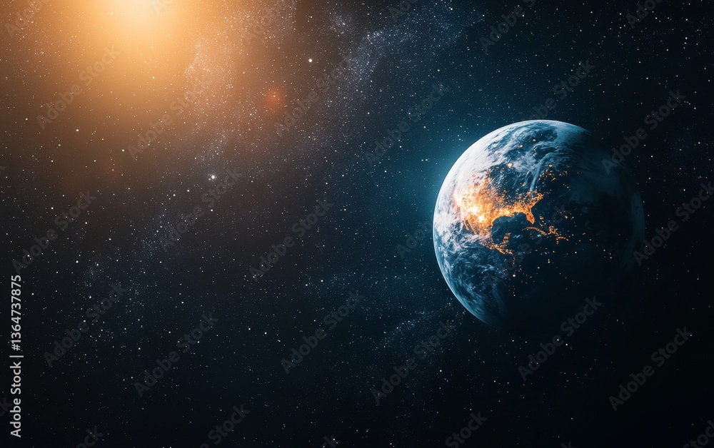 Earth viewed from space glowing in the night with sunlight casting a warm glow in the background Earth viewed from space glowing in the night with sunlight casting a warm glow in the background