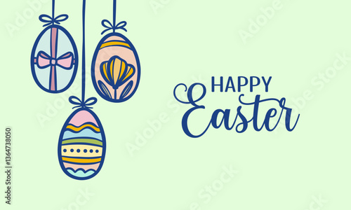 Happy Easter vector greeting card template with hanging colorful cartoon egg doodle illustrations, colorful modern festive background design