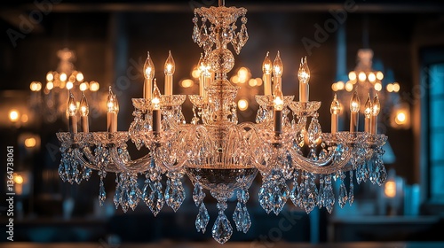 Illuminated Crystal Chandelier with Flickering Candles in Luxurious Room