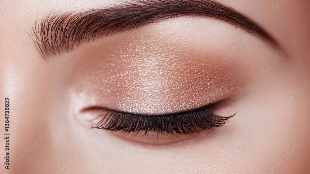 Obraz premium Closed Eye Beauty: Captivating beauty shot of a closed eye, adorned with elegantly applied eyeshadow and meticulously groomed eyebrow, radiating serenity and grace.