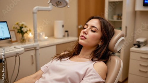 A woman relaxes in a dental chair during a treatment session.