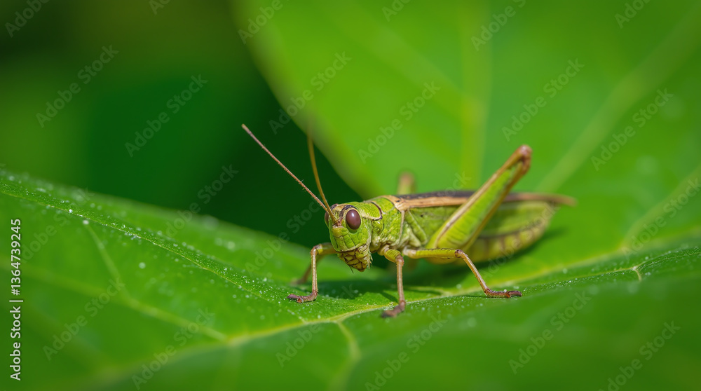 Grasshopper Sitting on a Leaf, Detailed Macro Nature Photography Grasshopper Sitting on a Leaf, Detailed Macro Nature Photography