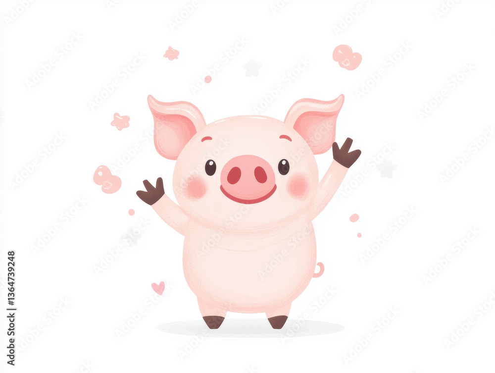 Cute cartoon pig with cheerful expression, standing with its arms raised in playful manner. pig features round body, large ears, and friendly smile, surrounded by whimsical stars and hearts Cute cartoon pig with cheerful expression, standing with its arms raised in playful manner. pig features round body, large ears, and friendly smile, surrounded by whimsical stars and hearts