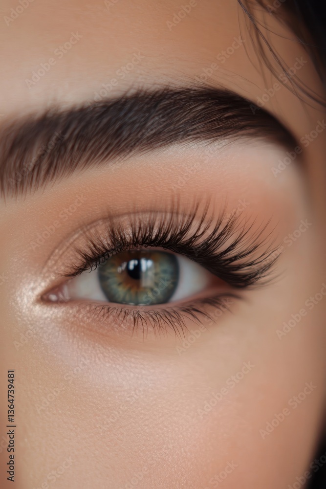 Obraz premium Close-up of a Woman's Eye with Eyelashes: A captivating close-up shot focusing on a woman's eye, accentuated by long, full eyelashes and subtly applied peachy eyeshadow.