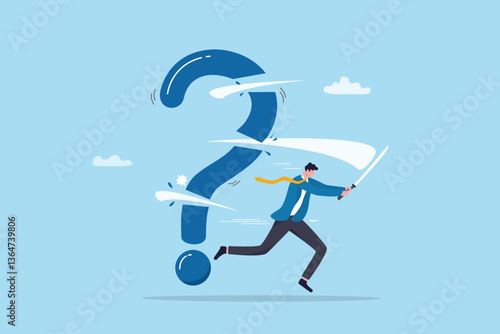 Problem solution, solve question mark, uncertainty or confusion, advice decision or challenge to overcome issue, trouble or difficulty concept, businessman cut question mark metaphor of resolution.