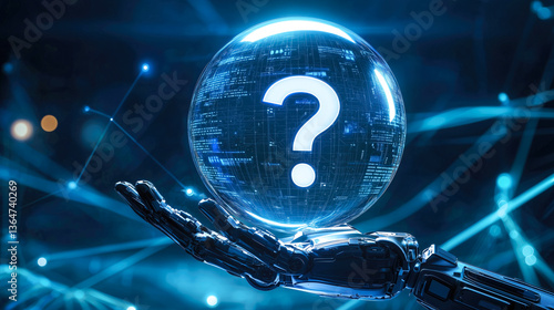 A robot hand holds a glowing question mark. The concept symbolizes curiosity, artificial intelligence, and the quest for answers in the digital age. Generative AI.