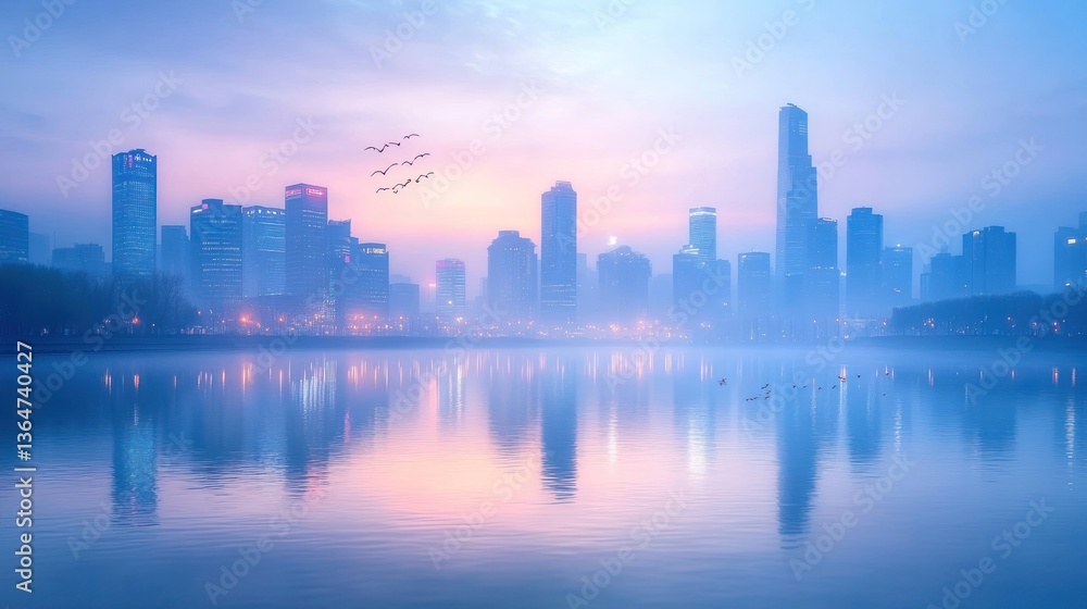 Naklejka premium Misty Cityscape at Dawn: Serene Reflection of Urban Skyline