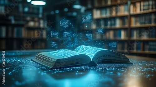A book is open on a surface and above it is a glow. Bookshelves are in the background.