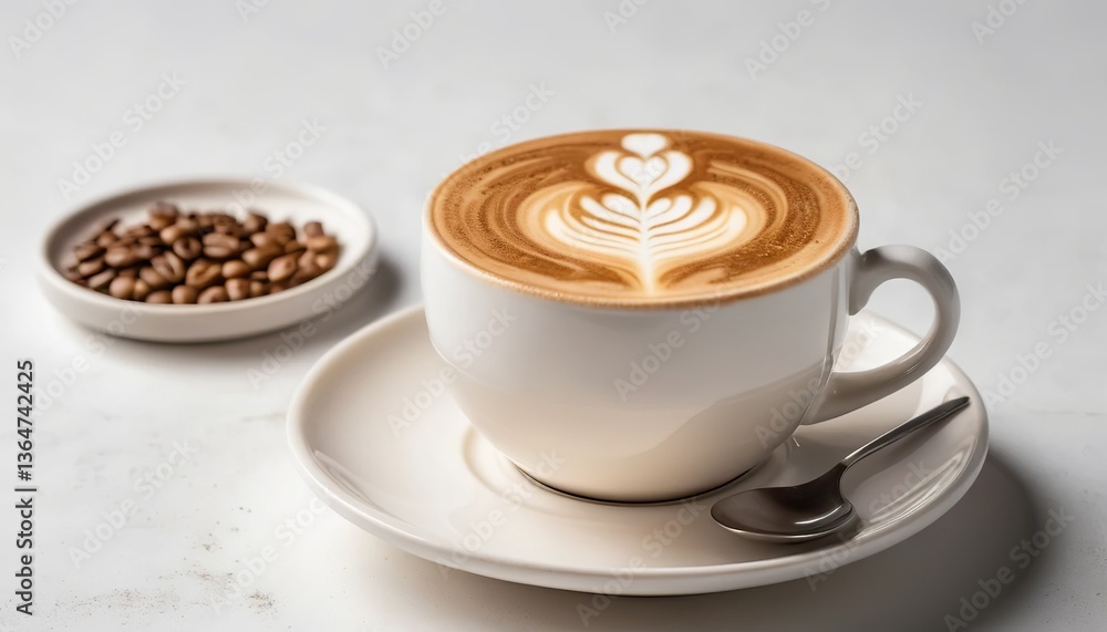 Fototapeta premium A steaming cup of latte art, a delicate floral design crowning rich, creamy coffee, accompanied by a small dish of roasted coffee beans; soft light, minimalist setting.