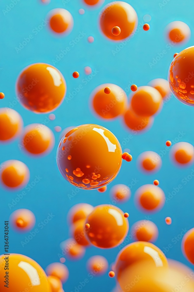 Vertical 3D rendered illustration of falling orange balls against a contrasting blue background, with dynamic shadows and reflections. Vertical 3D rendered illustration of falling orange balls against a contrasting blue background, with dynamic shadows and reflections.
