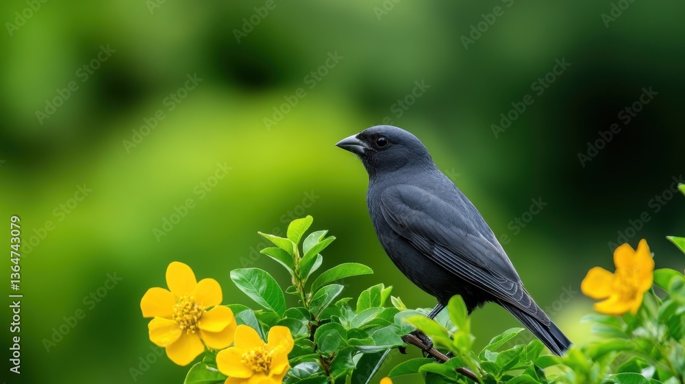 Black Bird Perched on Green Leaves and Yellow Flowers with Blurred Background in Nature Setting Black Bird Perched on Green Leaves and Yellow Flowers with Blurred Background in Nature Setting