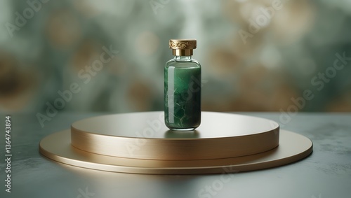 Elegant glass vial on golden pedestal, green liquid, bokeh background