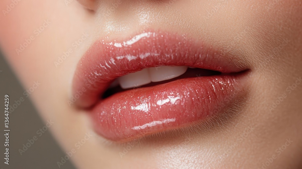 Naklejka premium Luscious Lip: A close-up shot reveals a pair of lips, glistening with a touch of gloss, and exuding a radiant allure. Capturing their full form.