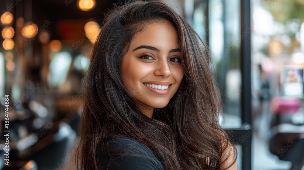 Beautiful Brunette Beaming, Happy Client In Modern Hair Salon, Natural Light From Window Beautiful Brunette Beaming, Happy Client In Modern Hair Salon, Natural Light From Window