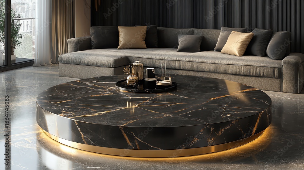 Obraz premium Round Marble Coffee Table in Elegant Interior Living Room Design