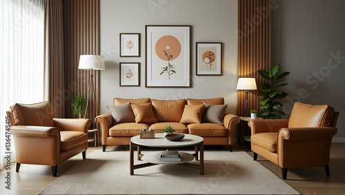Living room decorated with chairs sofa and picture frames highlighting stylish home interior and comfortable furniture arrangement. concept as Living room decorated with chairs sofa and picture frames